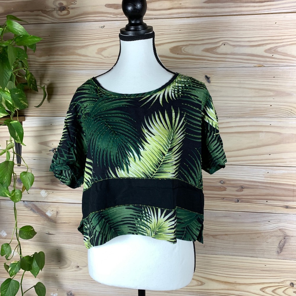 Paradiso Crop Top Womens Large Green Tropical Palm Leaf Beaded Boxy Dark Floral